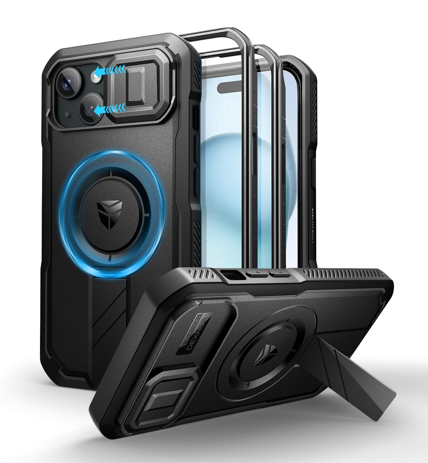Dexnor for iPhone 15 Case with Slide Camera Cover & Adjustable Kickstand & Built-in Screen Protector, Magnetic Rugged Shockproof Bumper Cases Heavy-Duty Magnetic Protective Cover,Black