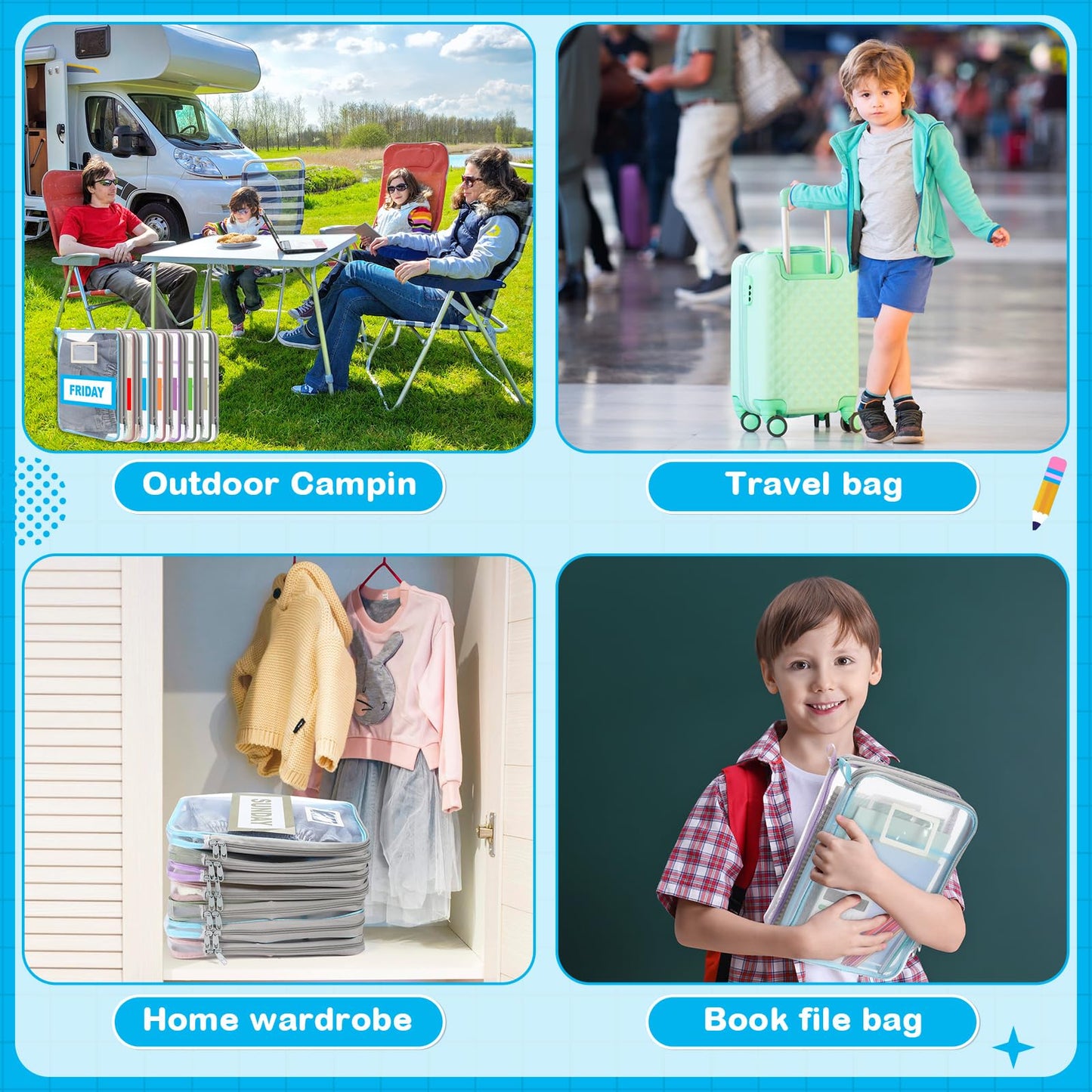 Honoson 14 Pack Packing Cubes for Travel Days of Week Packing Cubes with Labels Clear Zippered Storage Bag for Travel Summer Camp Essentials