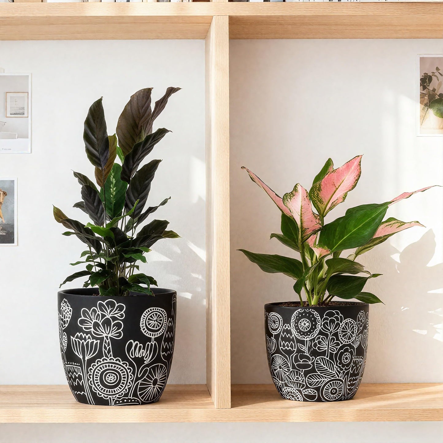 FUYHE Terracotta Pots, 6.5+5+4.4 Inch Plant Pots with Drainage Hole- Floral Pattern, Black Boho Ceramic Planters for Indoor Plants, Flower Pots Indoor Succulents, Herbs Plants,Set of 3