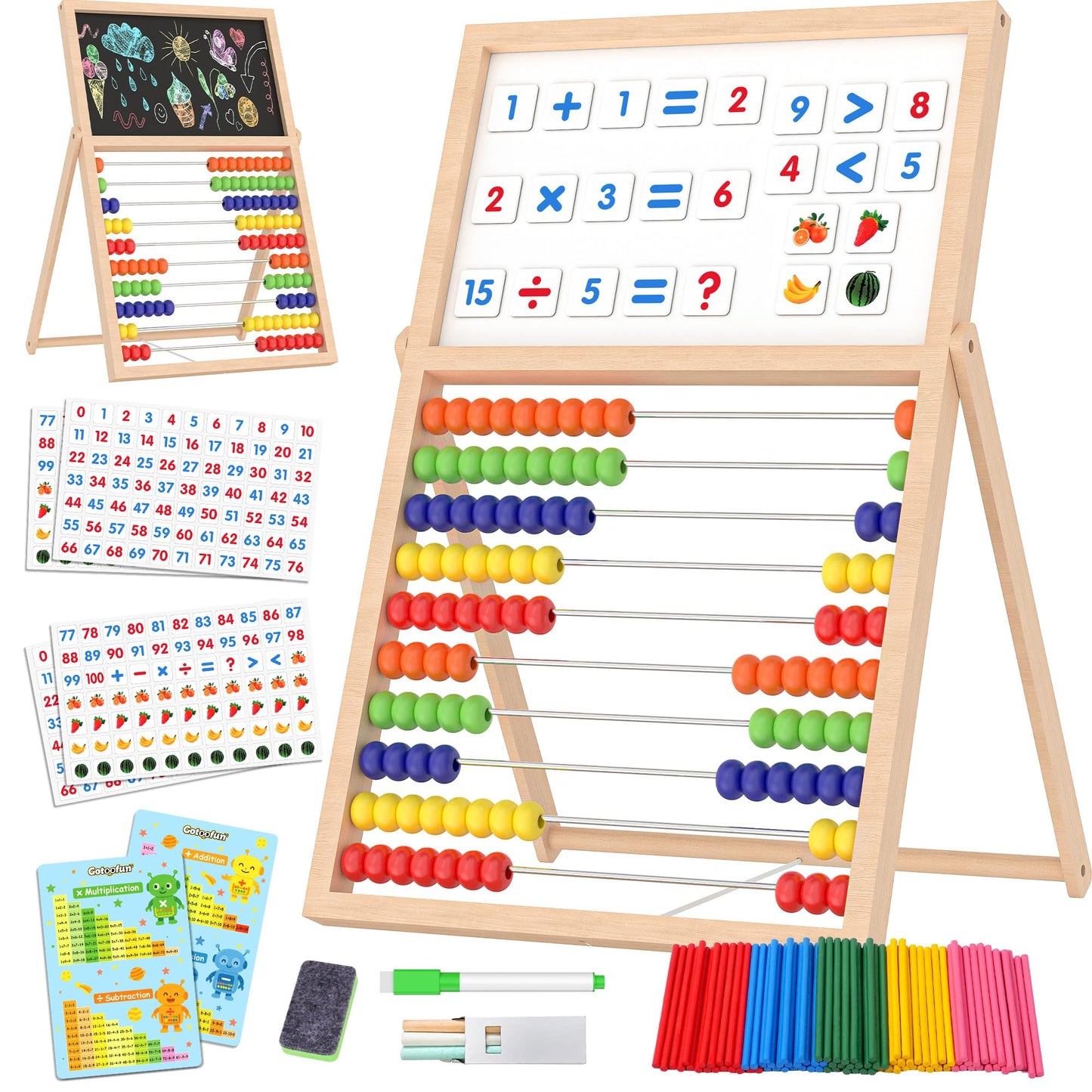 Gotoofun Wooden Abacus for Kids Math - Double-Sided Blackboard Whiteboard for Toddlers with 308 Magnetic Number & Fruit Cards, 100 Counting Sticks Montessori Educational Toys Homeschool Essentials