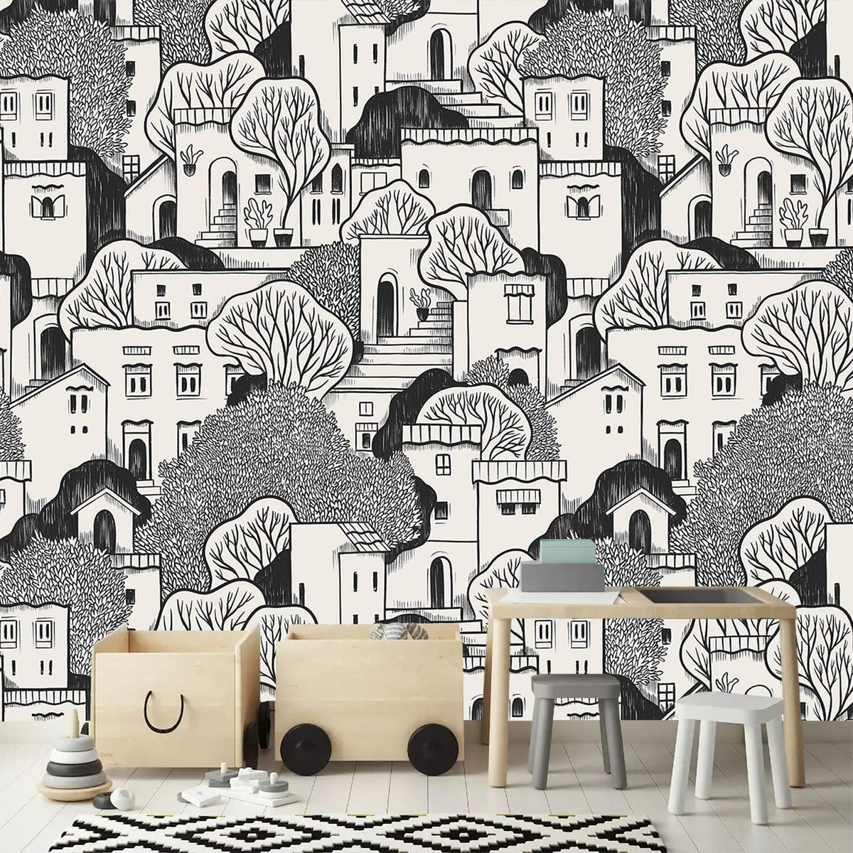AFZEVEB-Black House with Trees Nursery Wallpaper murals for Bedroom 159"x107" (Not Peel and Stick)