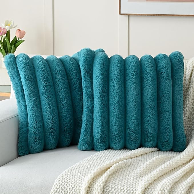 FUTEI Teal Decorative Throw Pillow Covers 16x16 Inch Set of 2, Square Soft Faux Rabbit Fur Thick Striped Cushion Cover,Winter Home Decor for Couch Bed Living Room