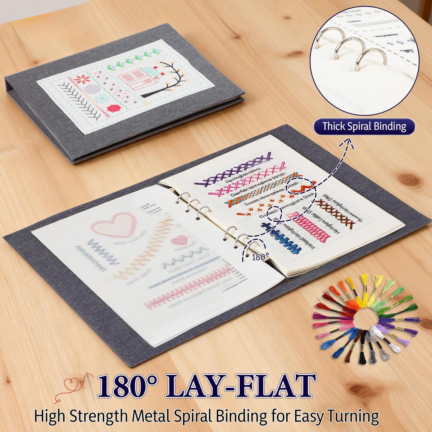 COLORCASA New Embroidery Stitch Book Kit,Embroidery Learning Book,Comes with a Complete Tool kit and Instructional Tutorial,106 Patterns for Beginners Craft Lovers and Sew Enthusiast
