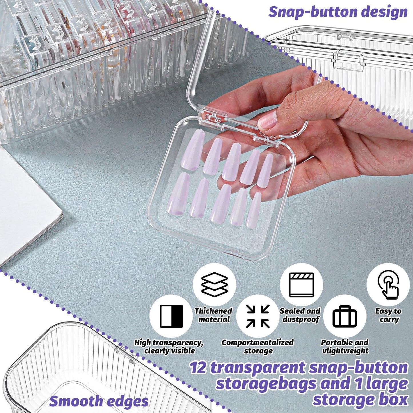 HANLANXUE 26 Pack Press On Nail Organizer, 24 Clear Press On Nail Storage Boxes and 2 Big Storage Box with 120 Adhesive Double Sided Tape Acrylic Nail Display Box Nail Packaging Boxes for Nail Salon