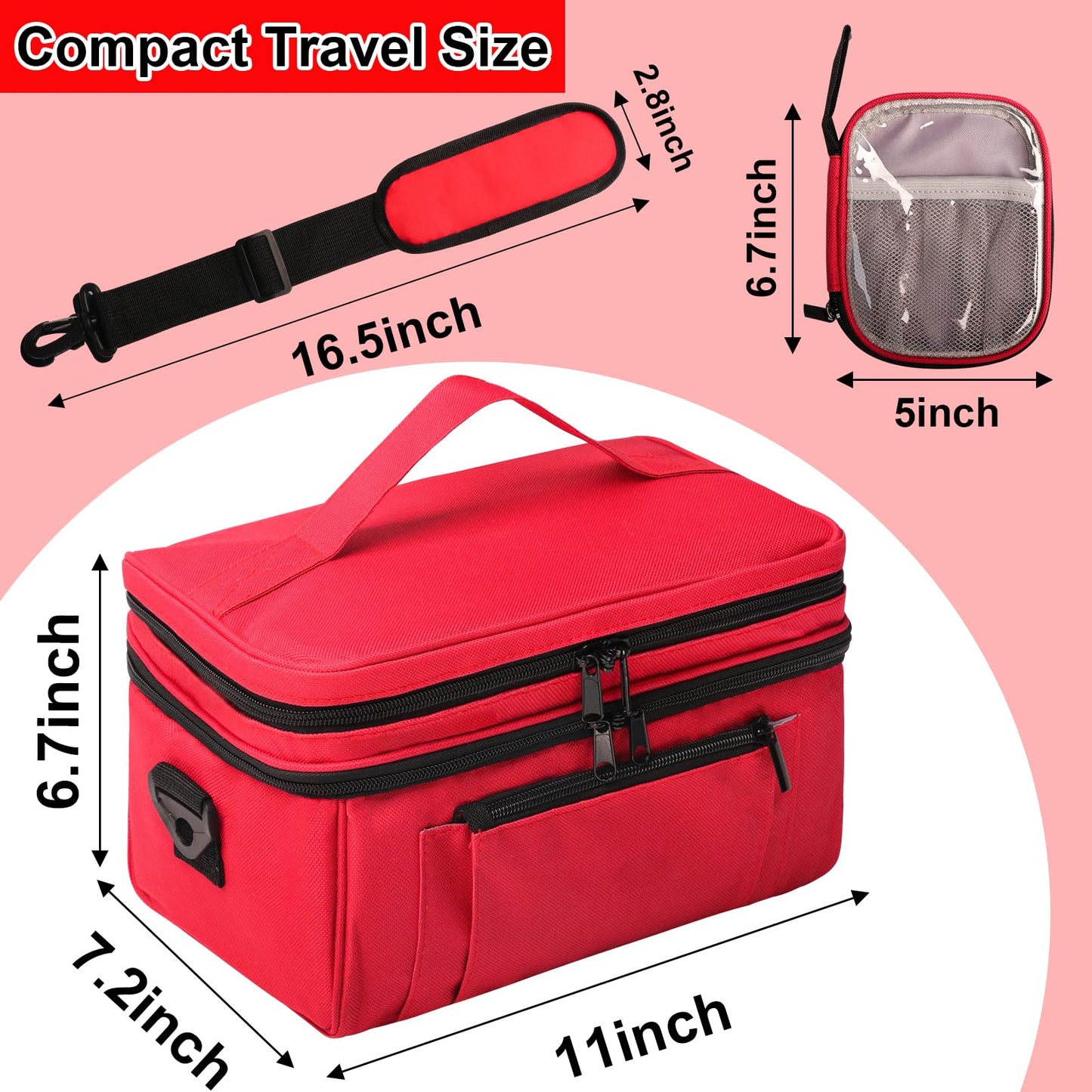 Tesuko Medicine Bag for Traveling with Portable Small Pouch, Double Layer Pill Bottle Organizer Storage Case with Lockable Zippers, Carrying Medication Travel Case with Shoulder Strap (Bag ONLY), Red
