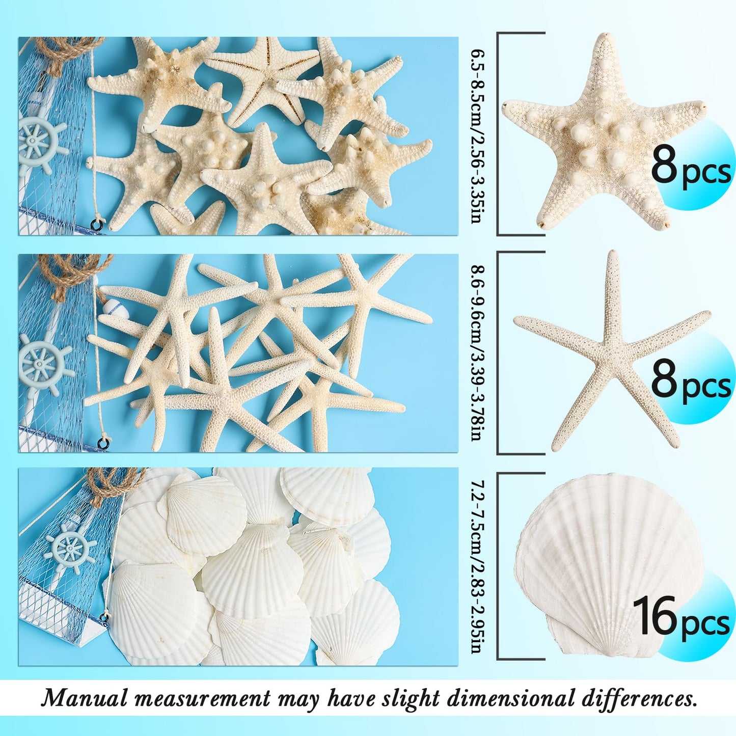 HAPYSHOOP 16 Pieces Starfish and Scallop Shells for Crafts 2.6"-3.8" Large Seashells Natural Sea Shells for Crafts Christmas Decor Beach Party Wedding Fishtank
