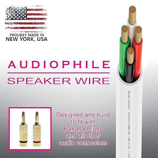 NATIONAL Wire&Cable - 14/4 Audiophile Speaker Wire (100 Feet) 14AWG Gauge - Made in USA - in Wall Audio Speaker Wire Cable/CL Rated/ETL Listed / 2 Conductors - OFC Oxygen-Free Copper, White 100ft