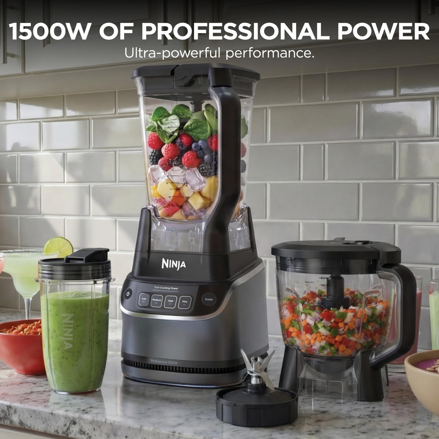 Ninja UltraCrush Professional Kitchen System | 1500W, 72oz Full-Size Blender, 8-Cup Food Processor & 18 oz To-Go Cup | Total Crushing Technology, Smoothies, Ice Crush, Chopping & More | Silver | BP401