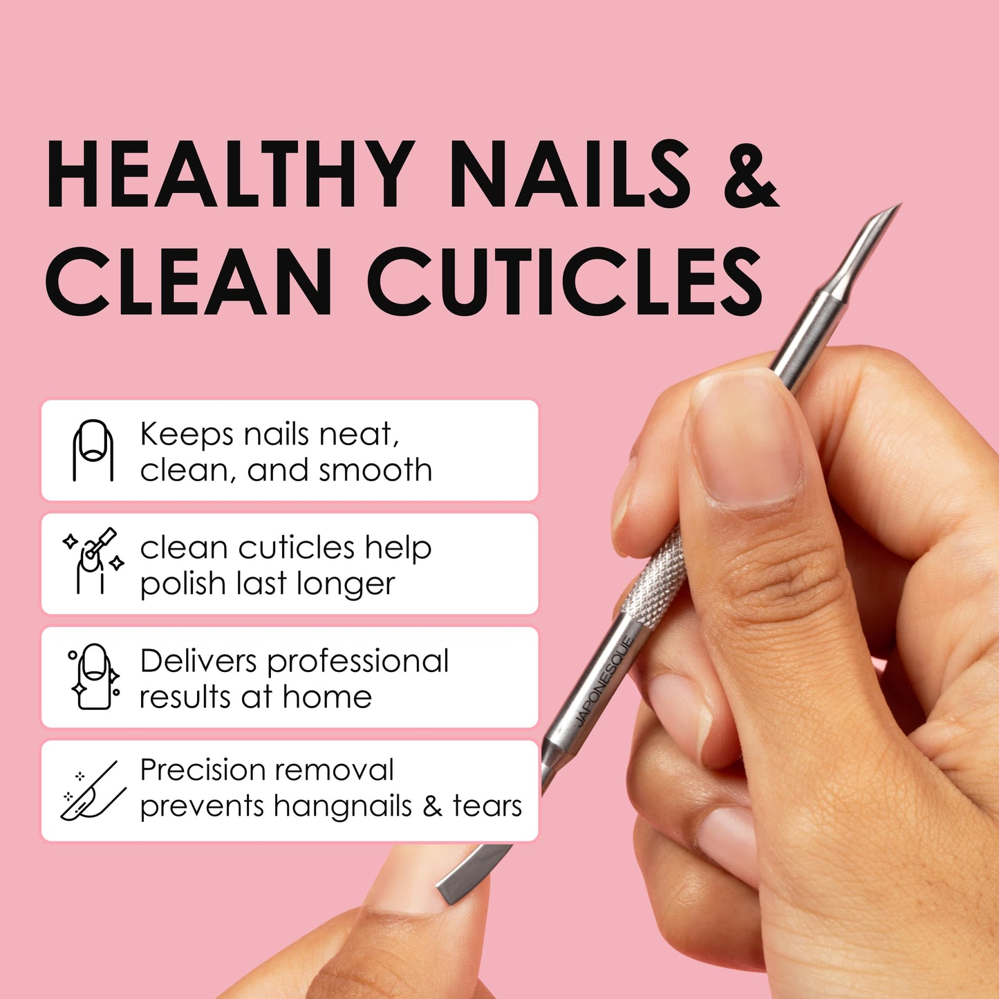 JAPONESQUE Cuticle Pusher and Trimmer Tool for Nails, Stainless Steel Cuticle Remover for Manicure and Pedicure, Dual End Nail Cuticle Pusher and Cutter for Cleaning, Shaping and Removing Dead Skin