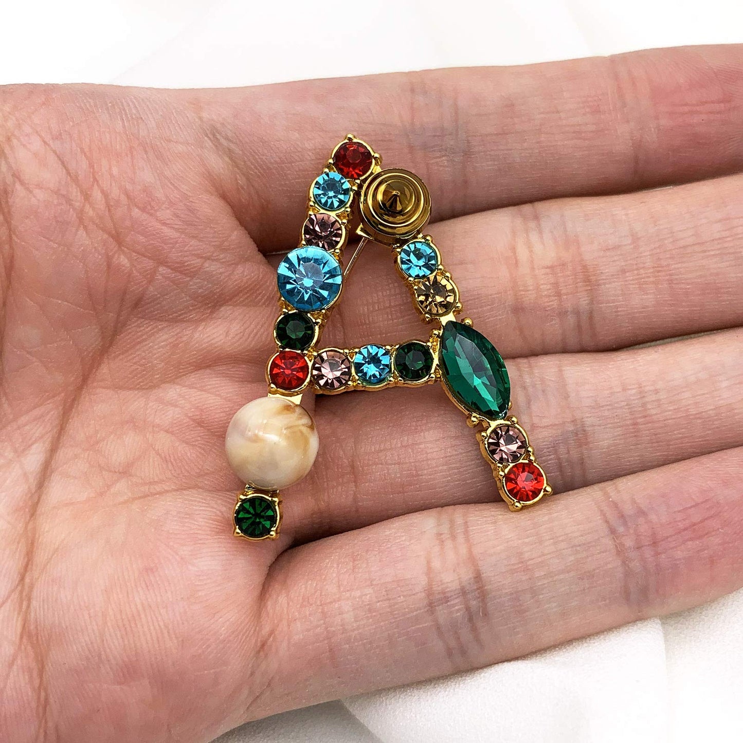 XGALBLA Letters A Plated Metal Stone Clear Colorful Crystal Lapel Pin Brooches Collar(Gold Tone)