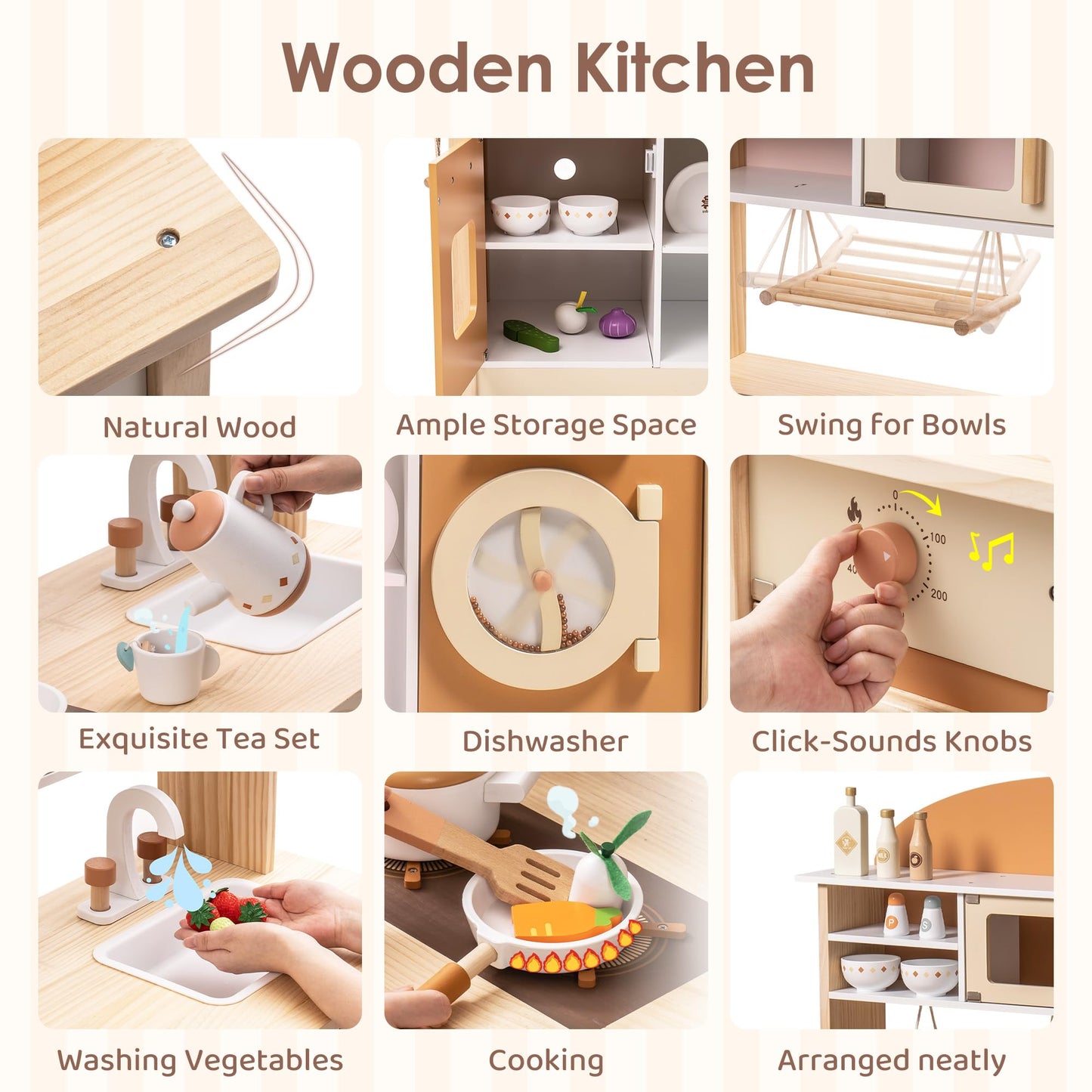 ROBUD Wooden Play Kitchen, 4-in-1 Kids Kitchen Playset with Fridge, Washing Machine, Dishwasher, Toddlers Role Play Kitchen Set Gift for Boys & Girls, Age 3+ (Caramel)