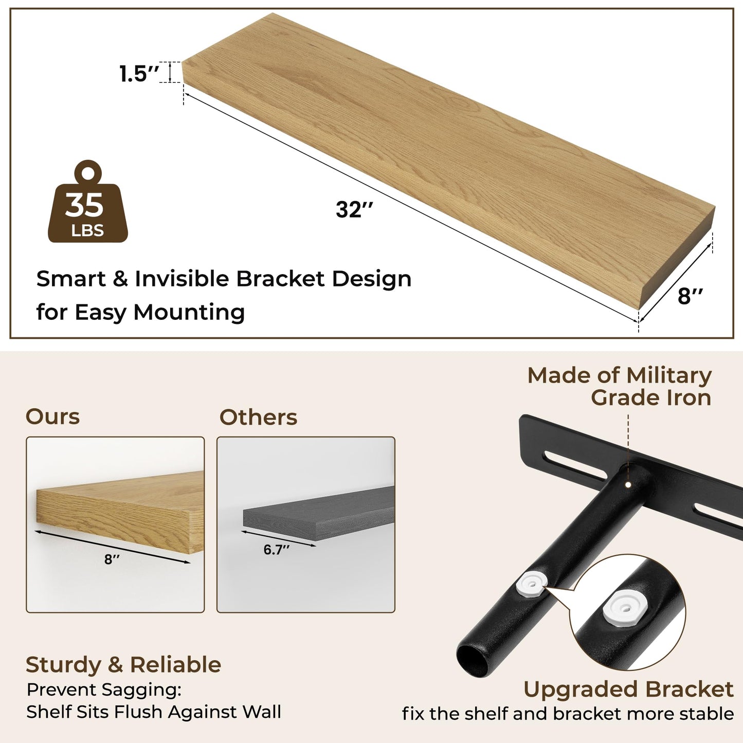 RICHFOCUS 31.5Inch Floating Shelves for Wall 2 Pack Shelves for Bedroom|Kitchen|Bathroom Wall Mounted Rustic Wood Floating Shelf with Invisible Brackets for Books|Storage|Decor, Oak