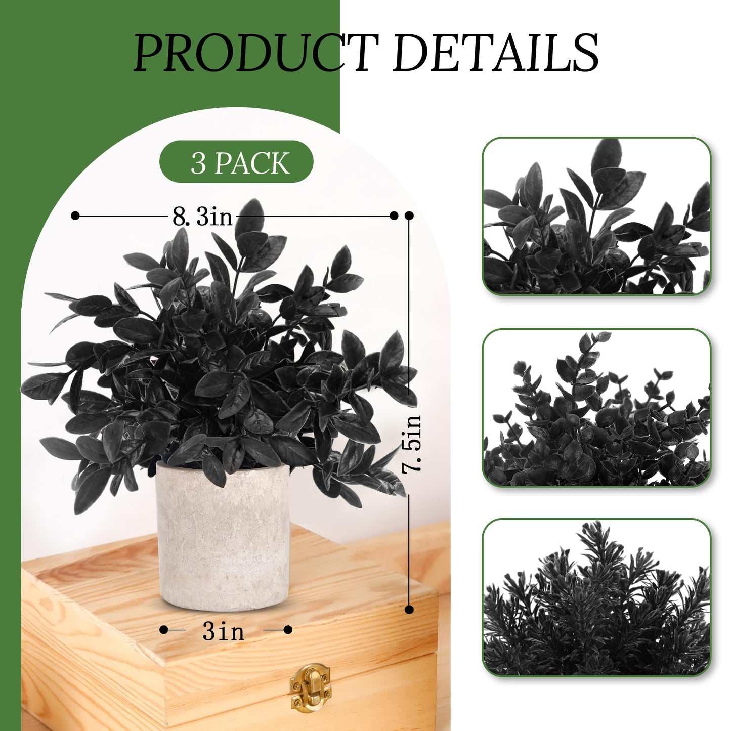 Der Rose 3 Pack Black Fake Plants Artificial Plants Plastic Eucalyptus for Bathroom Home Office Desk Farmhouse Room Table Black Christmas Decorations Gothic Decor Indoor