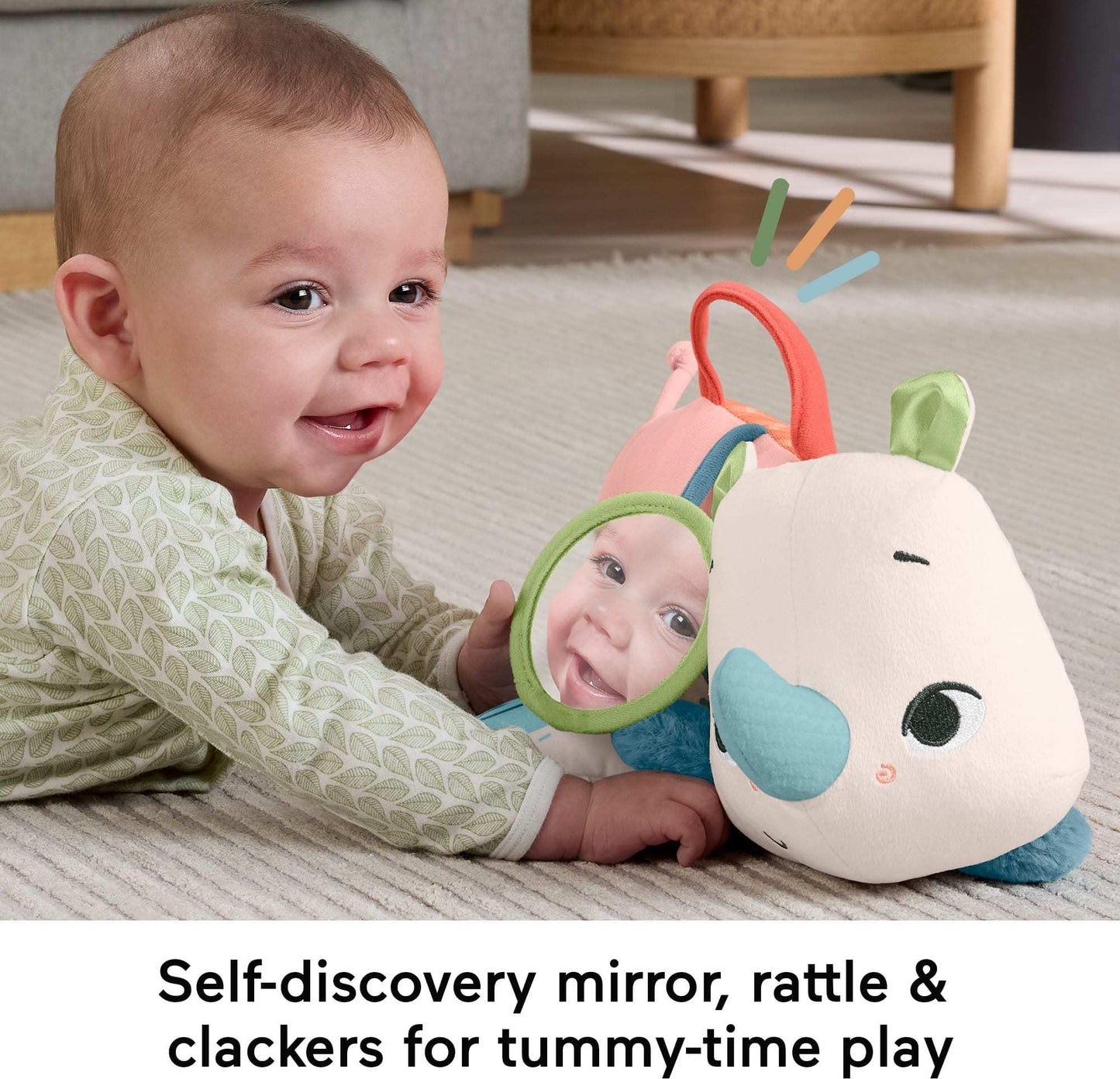 Fisher-Price Newborn Toy Planet Friends Tummy Time Roaming Rhino Plush with Sensory Activities for Babies Ages 0+ Months