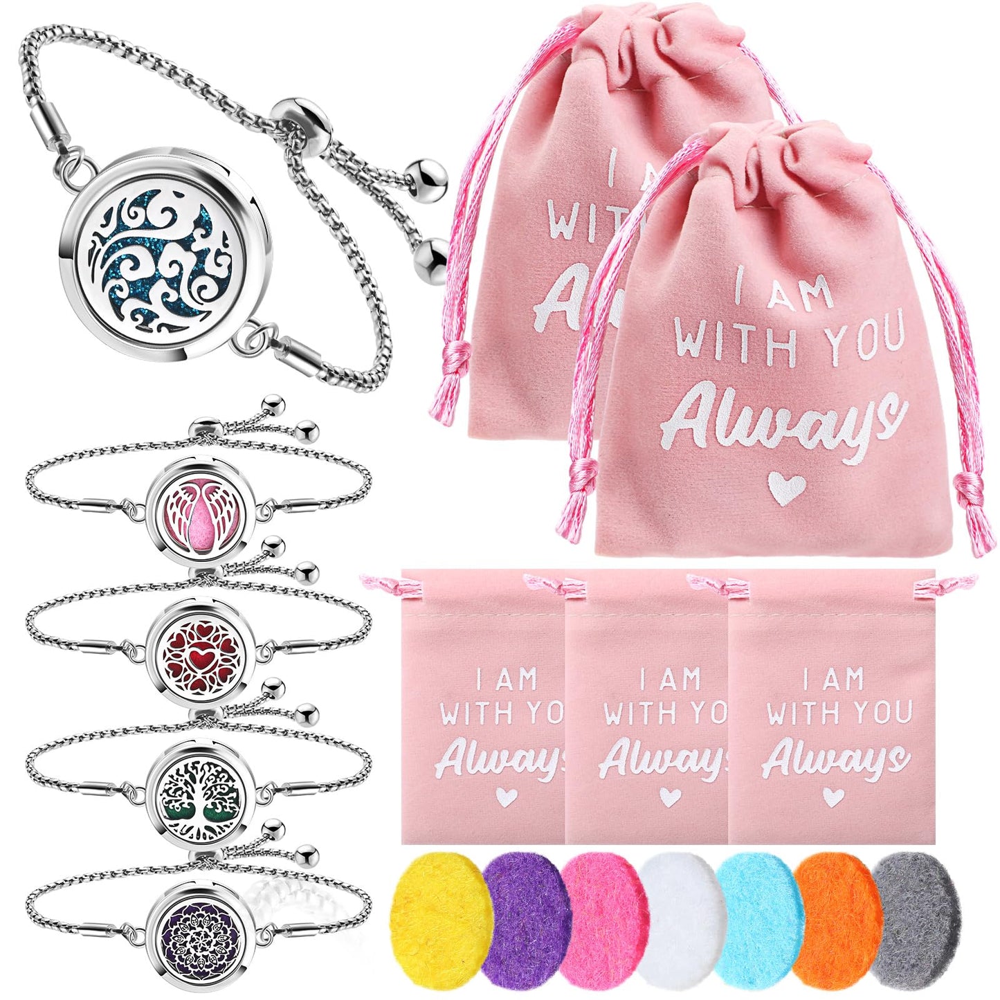 Yinkin 5 Set Essential Oil Diffuser Bracelet Gift for Mother Day Anxiety Relief Gifts 50 Pcs Refill Pads Stainless Steel Aromatherapy Locket for Mother Gift
