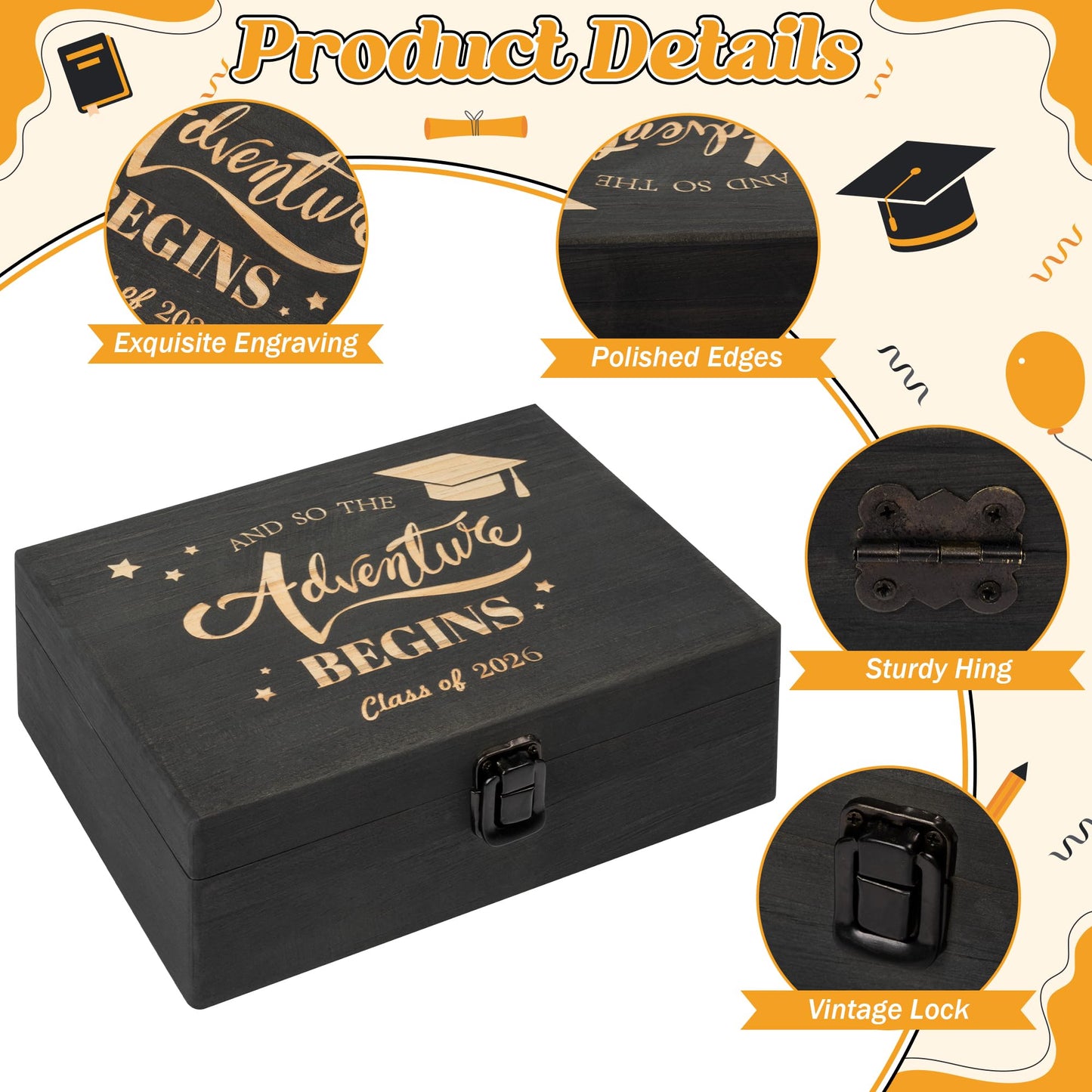 R HORSE Graduation Keepsake Wood Box, Engraving Wooden Memory Box for High School Graduates, Engraved Class of 2026 Graduation Gift for Him Her Party Favor & Memory Storage