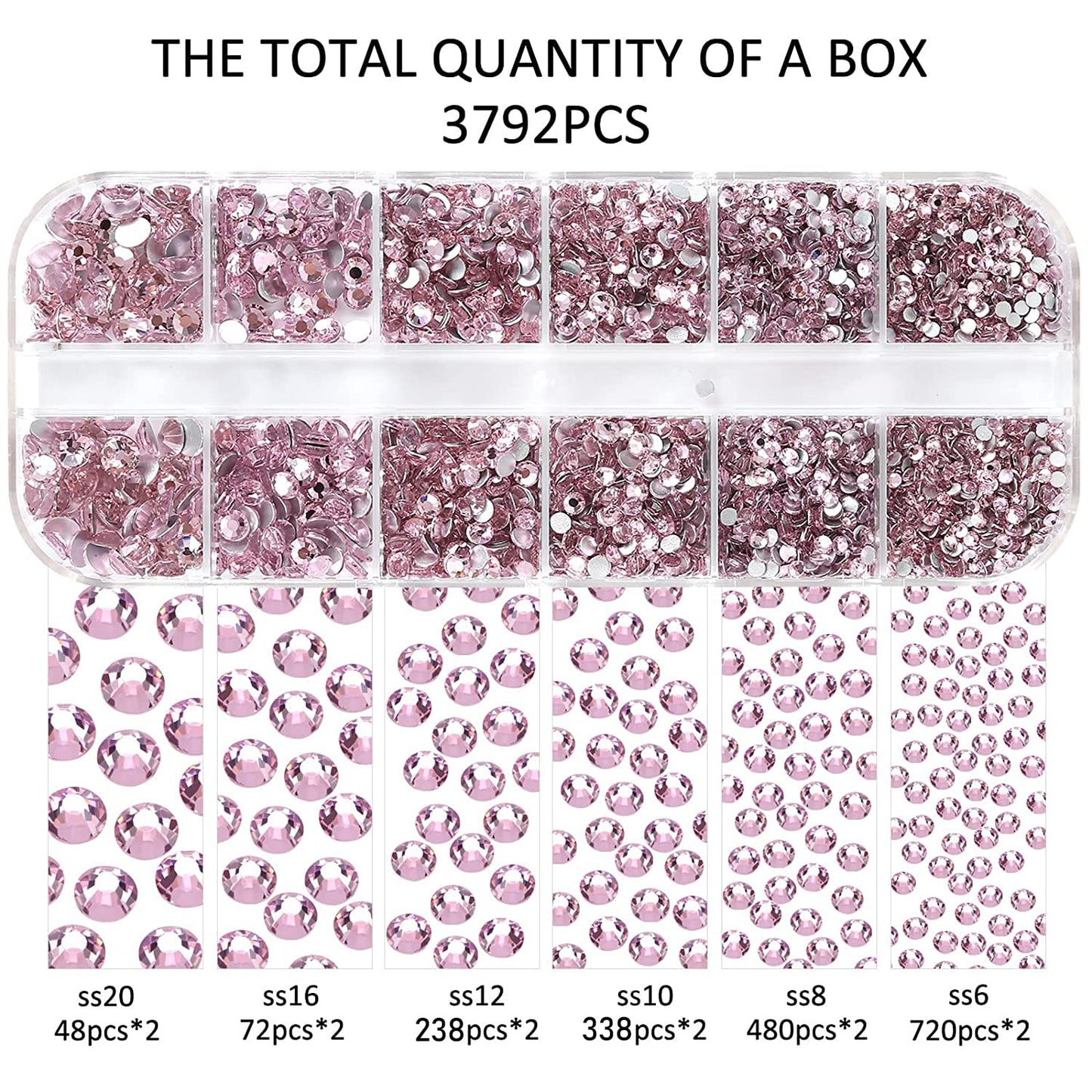 3792pcs Pink Crystal Flatback Rhinestones Glass Diamantes Round Gems for Crafts Nail, Makeup, Clothes, Mixed 6 Sizes with Wax Pencil and Tweezer Kit(SS6~SS20)