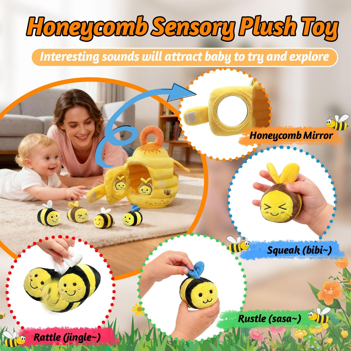 wahaczon Baby Toys - Soft Beehive with 5 Sensory Bees Crinkle, Rattle, Squeaker, Mirror Portable Sensory Toys Montessori Bee Toy for Toddlers, Boy Girl Birthday Christmas Gift