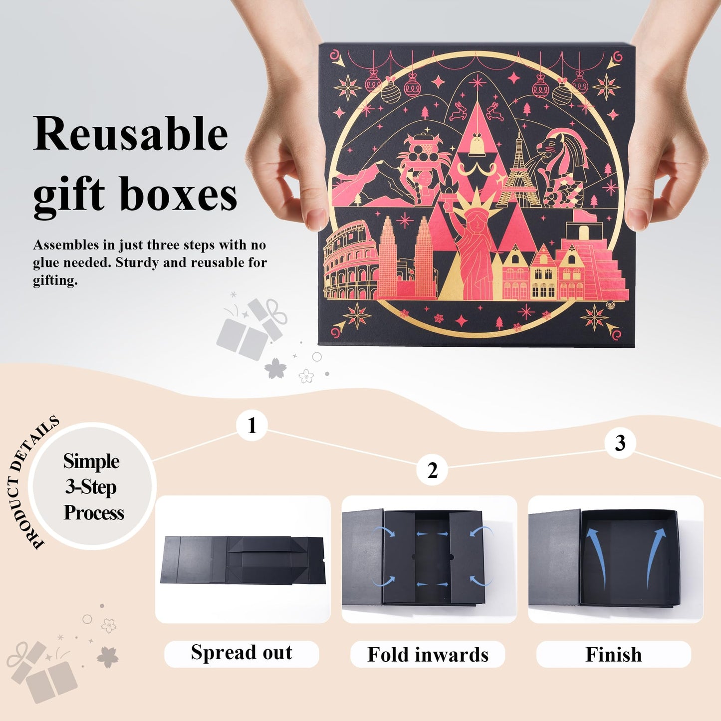 Amalee Christmas Birthday Gift Box, 12x12x4” Large Blue Present Box with Magnetic Closure & Glue-Free Design, Comes with Ribbon, Card, tissue paper