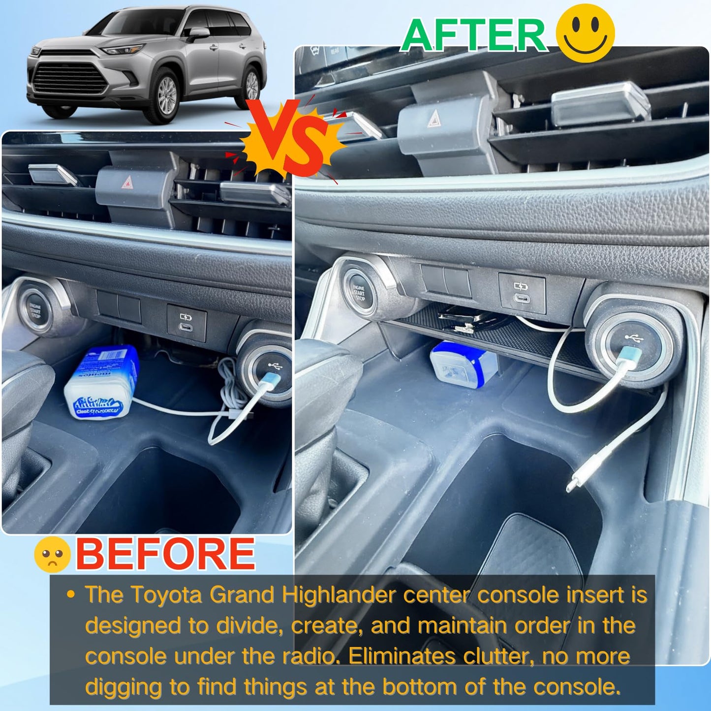 Qlhshop Middle Center Console Organizer for Toyota Grand Highlander 2026 2025 2024 Front Console Insert Divider Tray Secondary Storage Cubby Interior Accessories - (Not for Highlander)