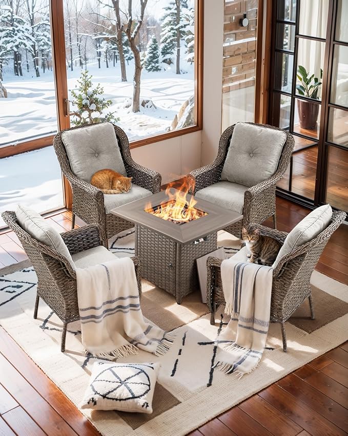 Outdoor Patio Chairs with Fire Pit Table 5 Piece Set - High Back Brown Wicker Rattan Lawn Chair with Thick Cushion for Porch Apartment Deck Yard Poolside Garden - Beige