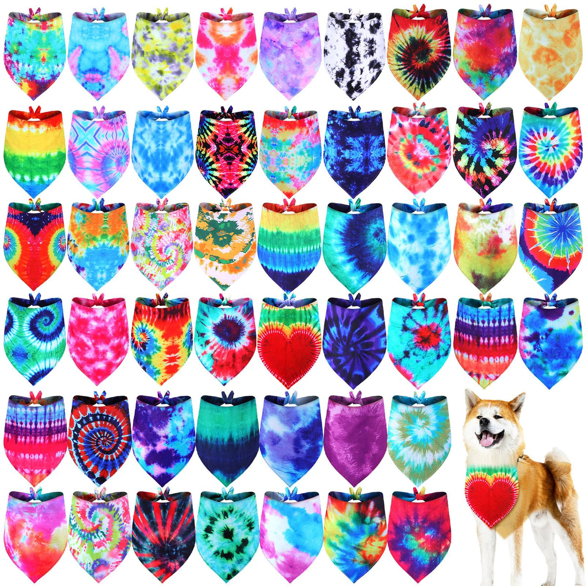Silkfly 50 Pcs Summer Tie Dye Dog Bandanas Bulk Pet Scarf Grooming, X-Large