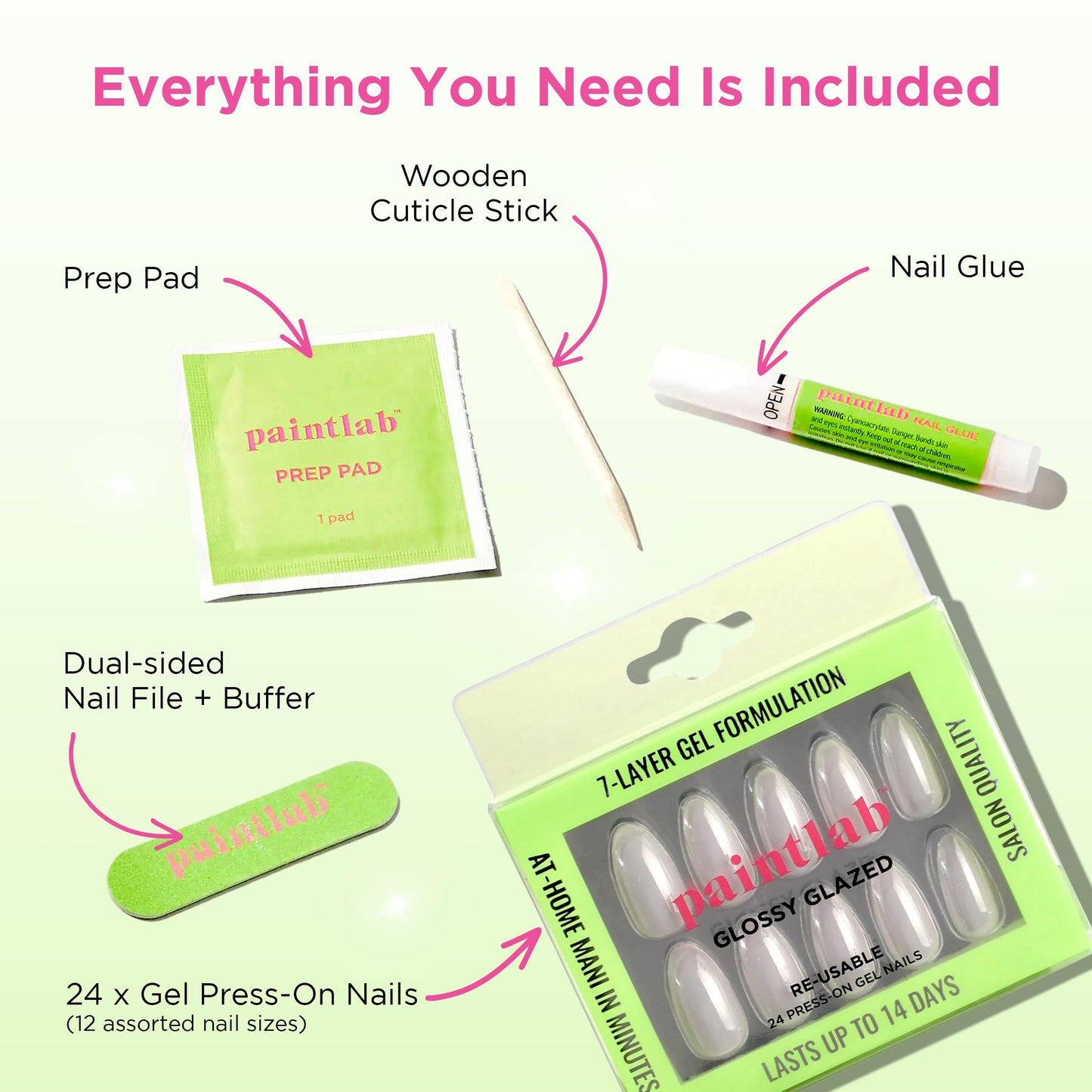 PaintLab Press On Nails - Glossy Glazed Chrome Short Almond Fake Nails, 30 Nails in 15 Sizes with Glue, Reusable Salon Quality Press On Nails