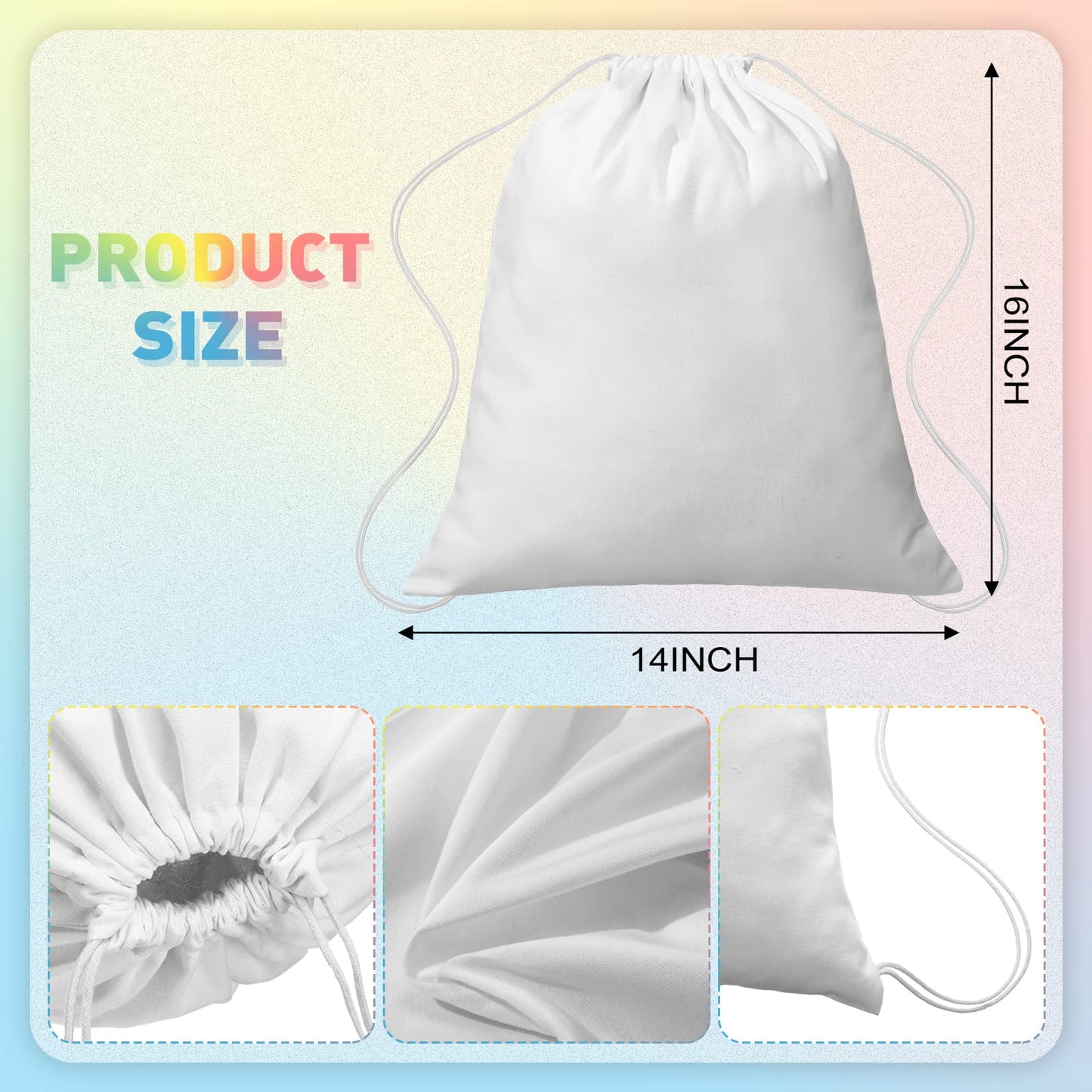 Saintrygo 6 Pieces 12/6 Pcs Tie Dye Cotton Drawstring Bags Sublimation Blank Backpack White Canvas Bags Kid DIY Items for Party Favors (White)