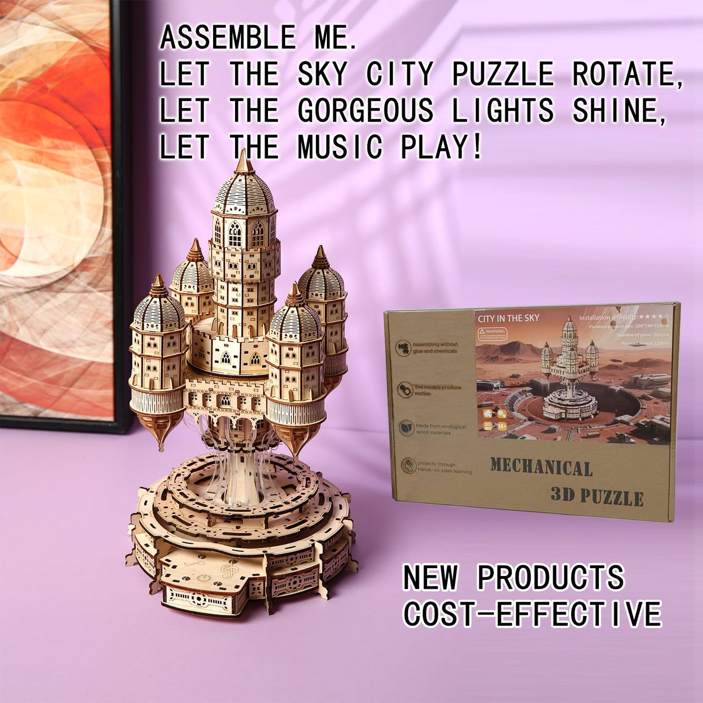3D Wooden Puzzle for Adults Castle City in the Sky Music Box Puzzle Kit, 521 Pieces LED Light & Rotating Base DIY Mechanical Building Kit for Adults & Teens, Unique Home Decor & Creative Gift Idea