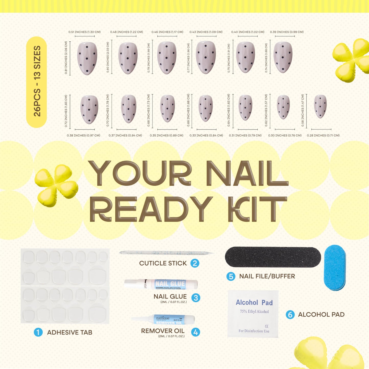 Nailique Press On Nails Short Almond – Handmade Smoky Cat Eye Soft Gel Black Polka Dot Sparkly, 26pcs Reusable Nail Tips with Glue & Remover, Salon Quality Bridal Wedding Manicure
