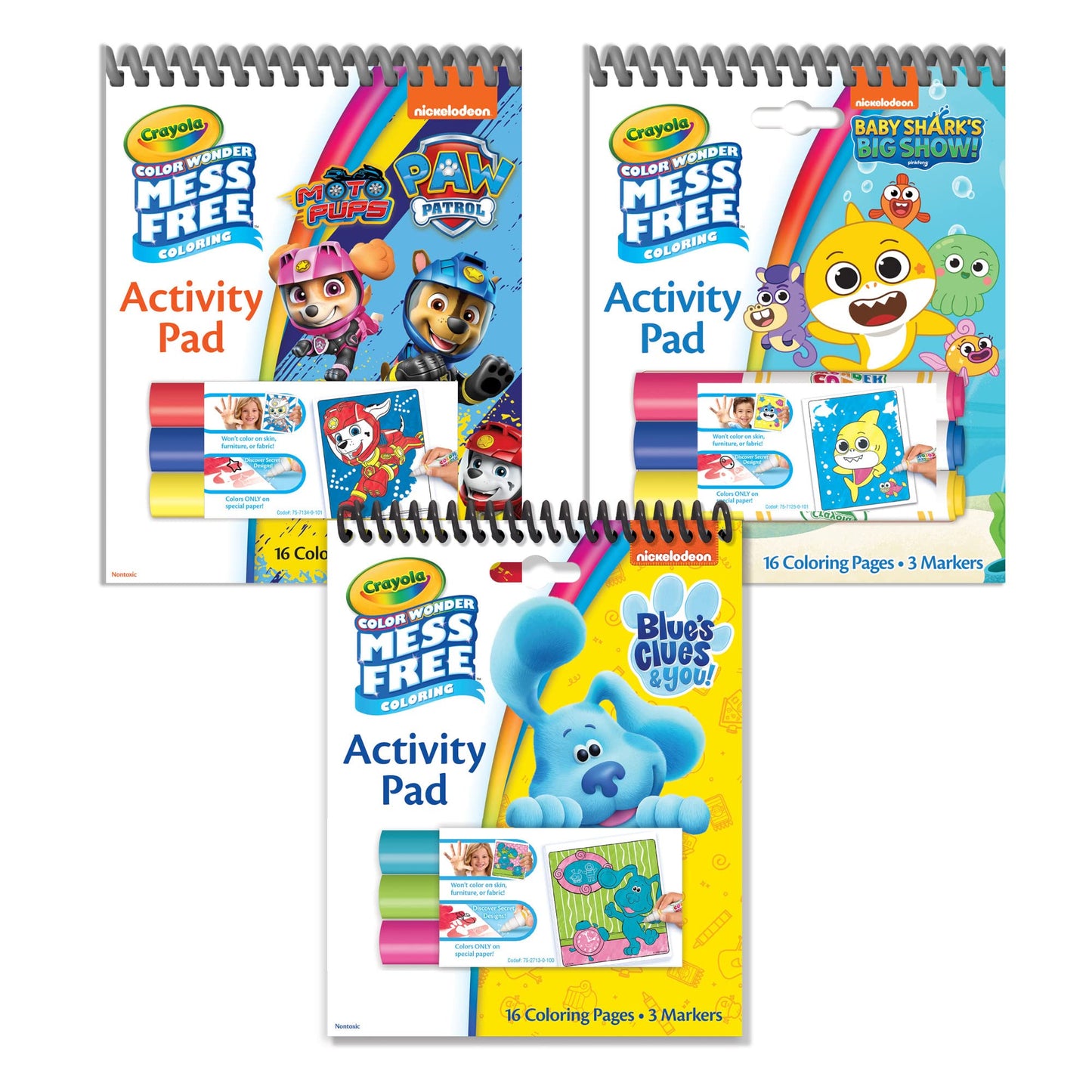 Crayola Nickelodeon Color Wonder Activity Pad Bundle (3pk), Mess Free Coloring Set for Toddlers & Kids, Blue’s Clues, Paw Patrol & Baby Shark, Gift for Kids, 3+