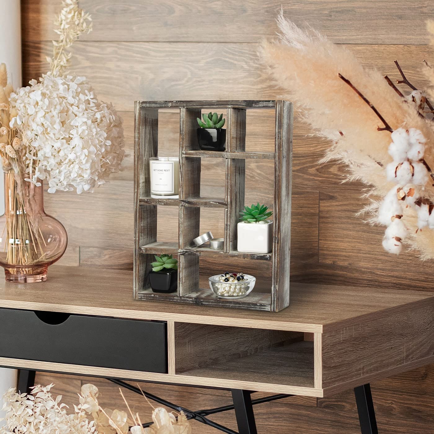 J JACKCUBE DESIGN Rustic Multi-Slot Shelf Cube Display 9 Compartment Shadow Box Wall mountable Shelf for Collection Square Freestanding Case Farmhouse Décor - MK570A (Rustic Wood)
