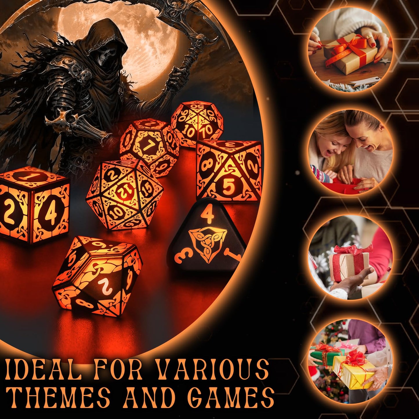LED Dice Set for DND - Magical Glow Light Up Dice, Rechargeable Polyhedral Dice, Wireless Charging Case & Full 7-Die Set, for D and D RPG Games (Orange)