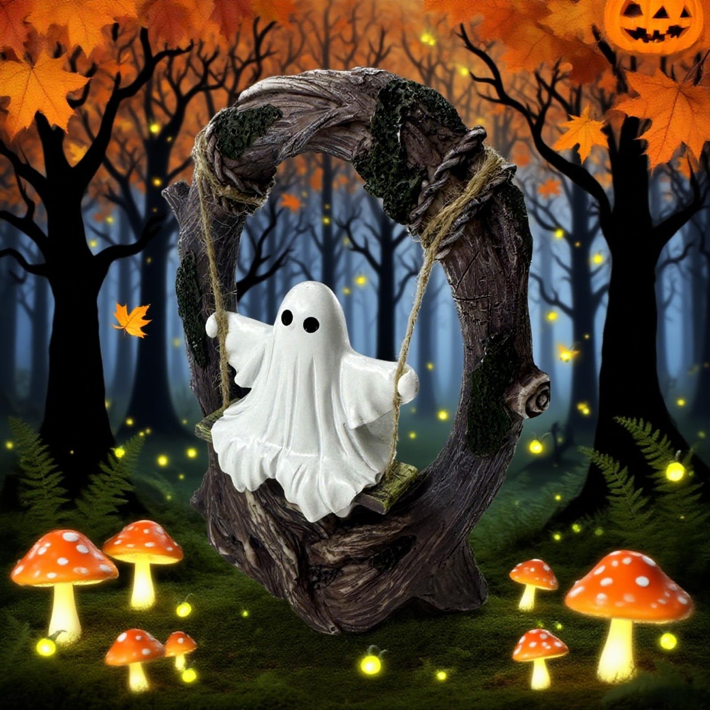 T Starlight Bright Q Swinging Ghost on Tree Swing, Cute Swinging Ghost Halloween Figurine Indoor Decoration, Desktop & Bookshelf Decor, Outdoor Courtyard Garden Decoration, Halloween Ghost Gift