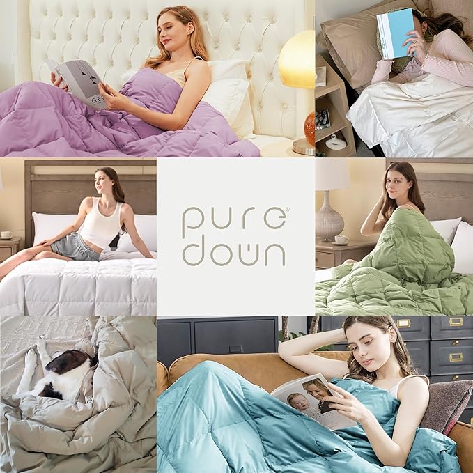 puredown® Queen Size Blanket for Bed, Ultra Soft Lightweight Down & Feather Fill, All Season Microfiber Blanket, Machine Washable, 88"X90", Beige