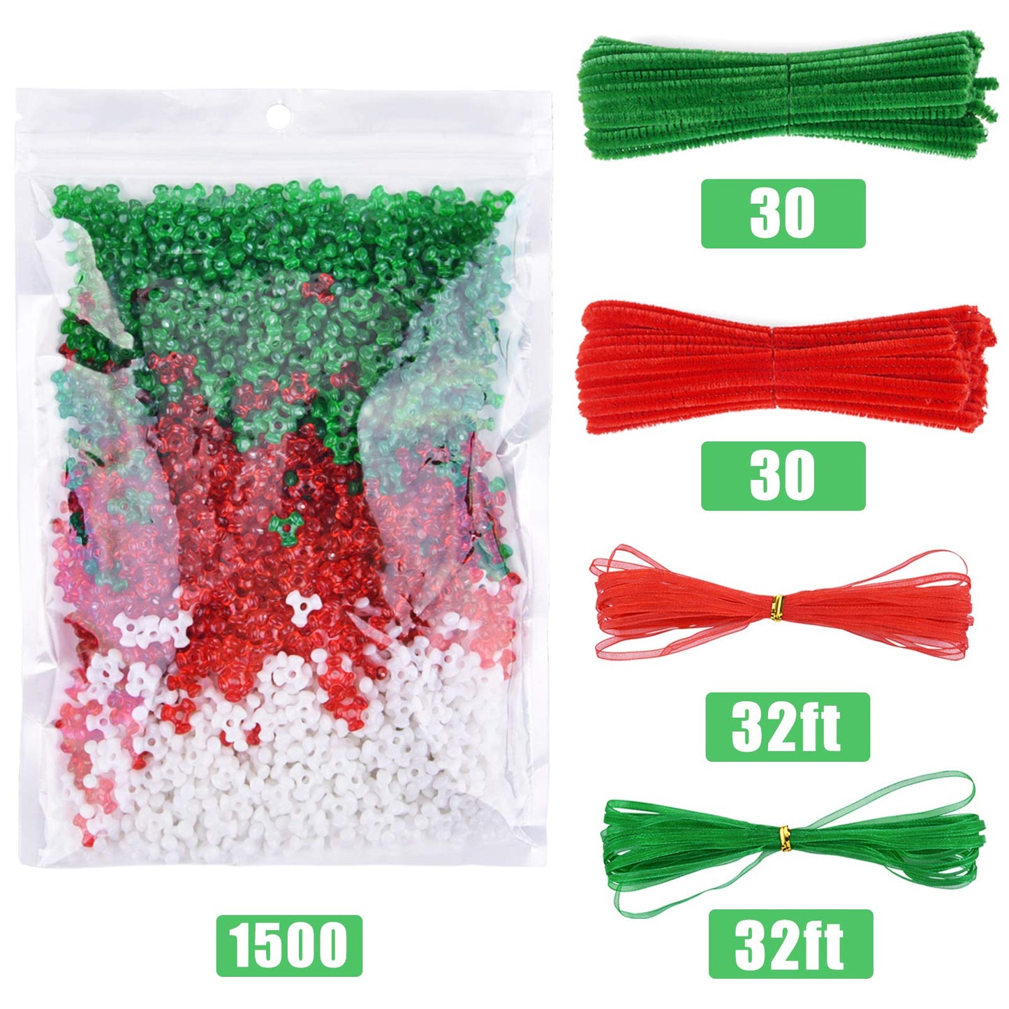 Livder Christmas Beads Wreath Cane Ornament Kit, 1500 Pieces Triangle Beads, 60 Pieces Chenille Stems, 64 Feet Ribbons for Xmas Craft House Tree Decorations