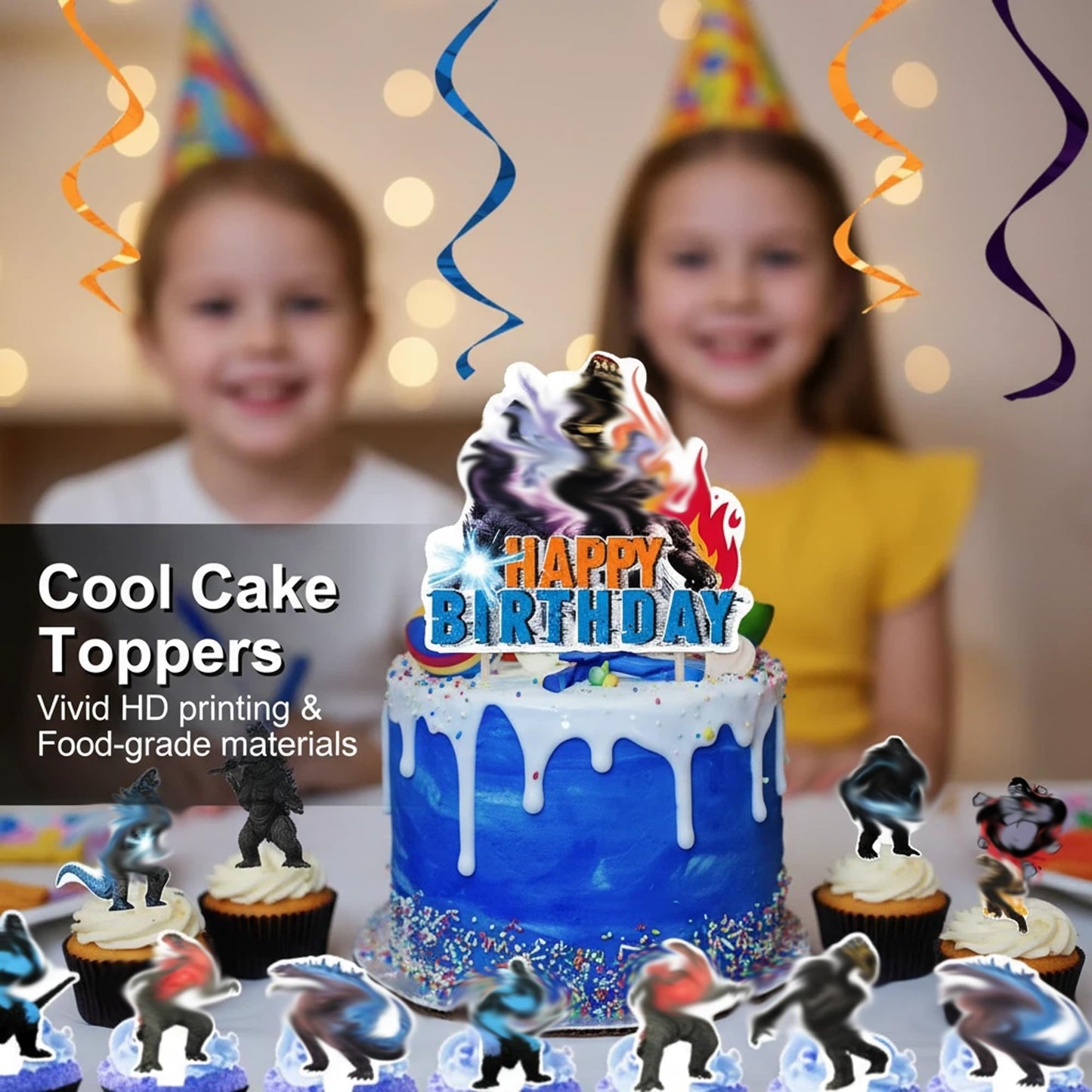 Monsters Theme Birthday Decorations, Birthday Party Decorations with Backdrop Banner, HAPPY BIRTHDAY Banner, Hanging Swirl Streamers, Latex Balloons and Cake Toppers