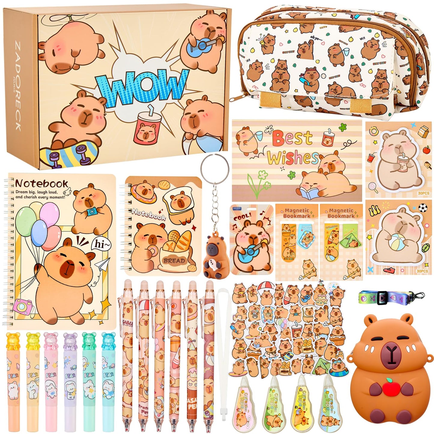 Zadoreck Cute Capybara Stationery Gift Set for Kids,30 Piece Animal Theme School Supplies Kit with Pencil Case,Notebook & Stickers,Practical and Fun for Birthday,Easter& Festivals Gift Girls Boys