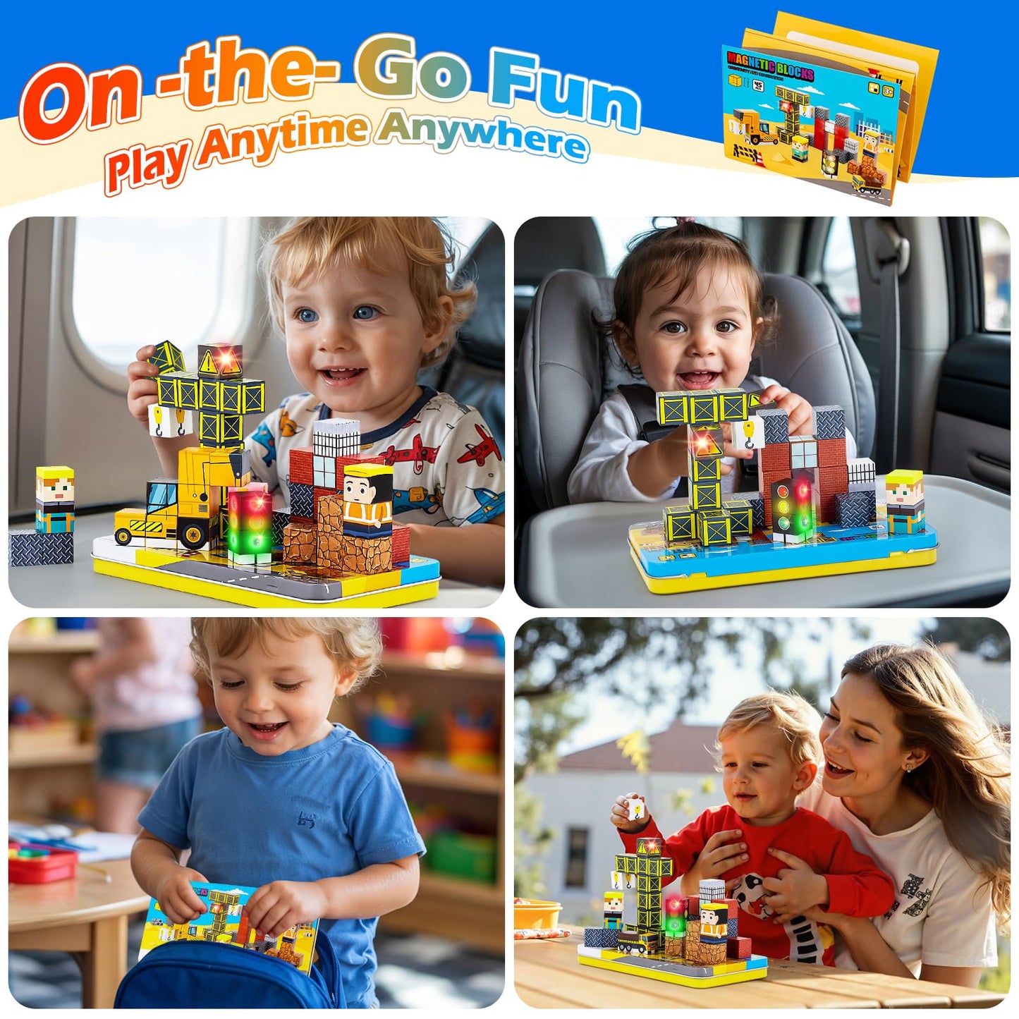Tyholoo 45PCS Magnetic Blocks Travel Toys for Kids with Portable Iron Box, Mini Magnetic Cubes Outdoor Toys for Airplane & Car Ride STEM Learning Gift Idea for Ages 3+ Gift（ Construction Theme）