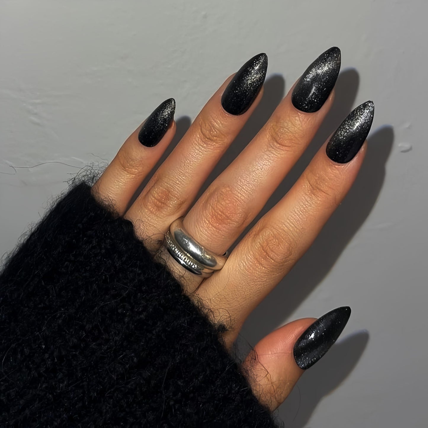 Black Press On Nails Almond - KQueenest Chrome Press On Nails Medium, Dark Sparkle Soft Gel Fake Nails Press on Medium Stiletto, Reusable Cute Glitter Glue on Nails for Women Decoration, 30 Pcs