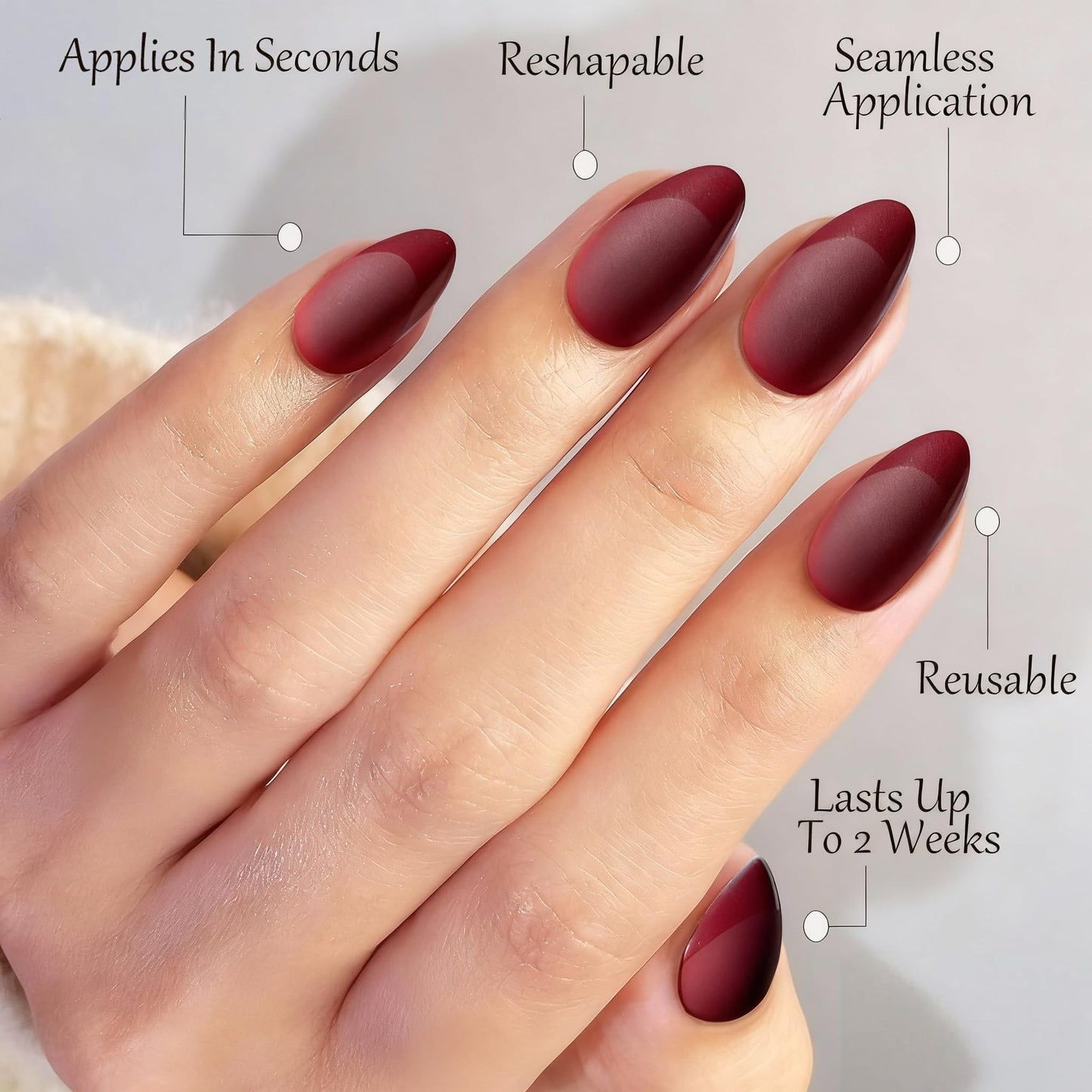 Press On Nails Short Almond Dark Red Nails with Glossy French Tips in a Matte Finish 16 Sizes - 32 Nail Kit with Glue