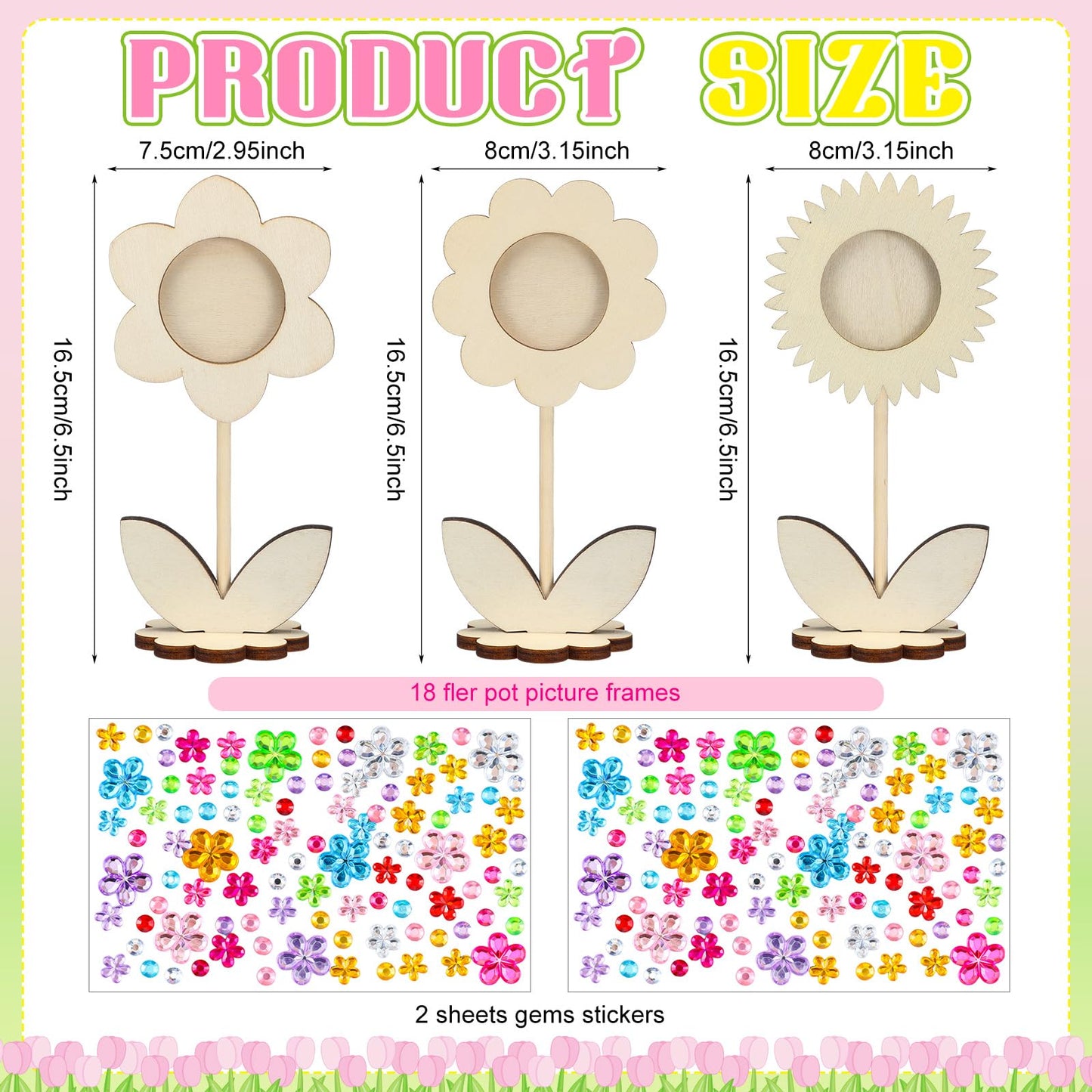 24 Sets Mother's Day Crafts Bulk Spring DIY Flower Picture Frame Kit Unfinished Solid Wood Flower Picture Frames Craft with Gems Sticker Paint Brush for DIY Birthday Party Gift(Assorted Styles)