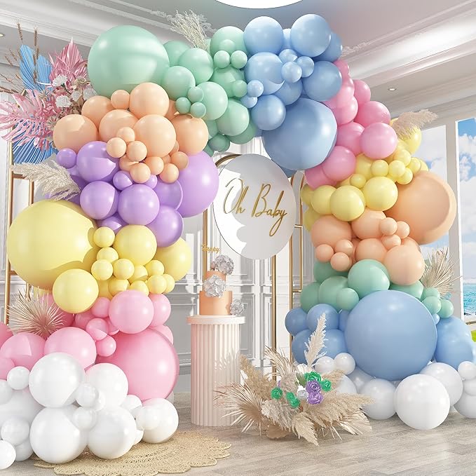 Pastel Rainbow Balloon Garland Arch Kit, 412 Pcs – Macaron Assorted Colors Latex Balloons in 4 Sizes for Baby Shower, Birthday & Wedding Decorations