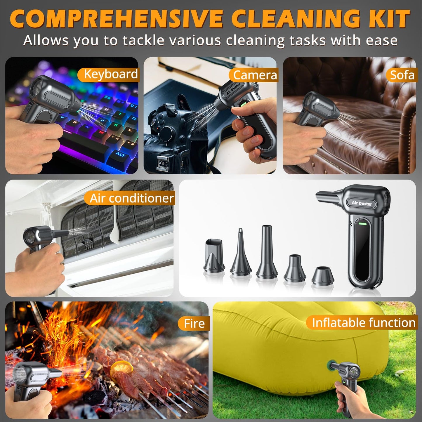 Electric Air Duster Cleaning Tools -180000RPM Super Power Cordless Air Duster, Rechargeable Brushless Motor Durable Blower, 4-Gear Adjustable Dust Blower Fan for Car, PC, Sliver