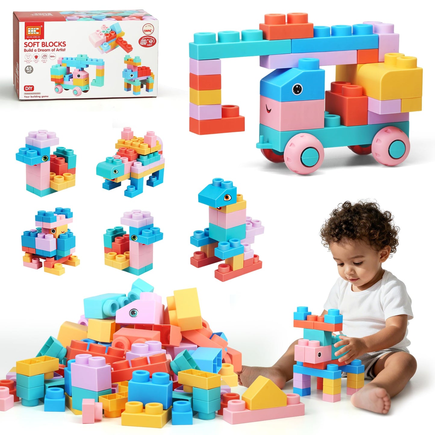 ZZXYPX 45pcs Soft Building Blocks for Toddlers - BPA-Free STEM Educational Toys Ages 18+ Months, Safe Preschool Learning Blocks for Creativity and Motor Skills Development