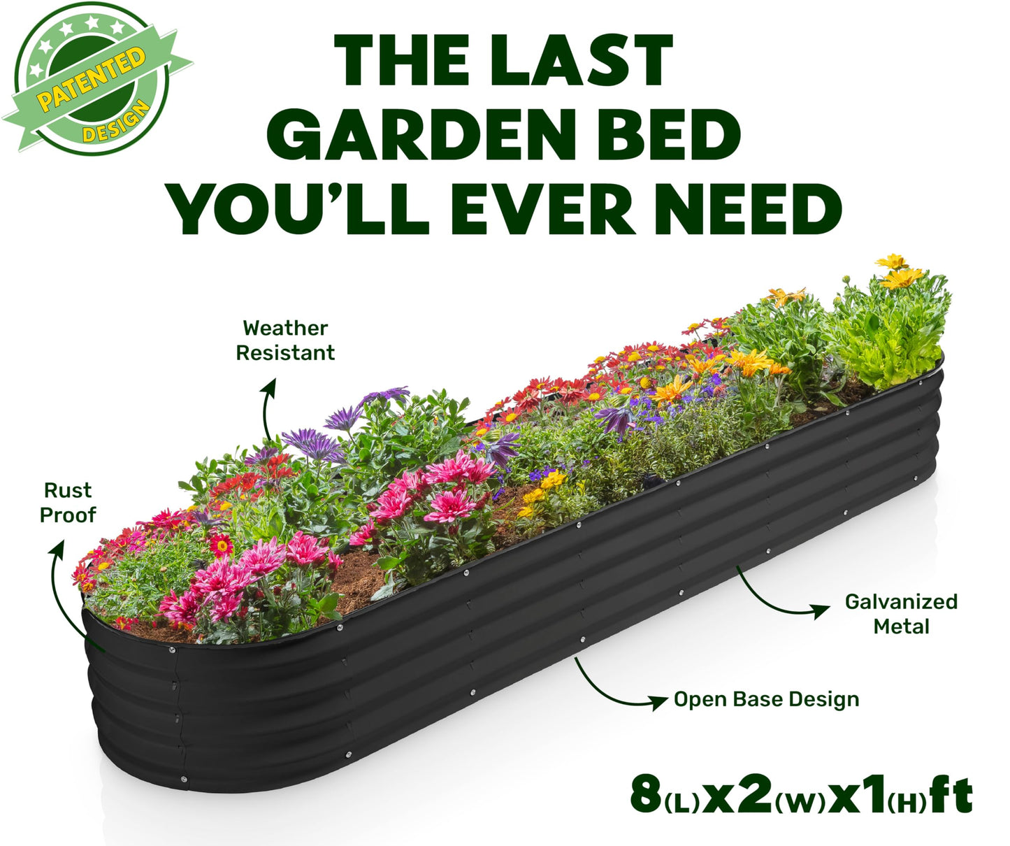 Plant & Plot Galvanized Raised Garden Beds Outdoor // 8×2×1 ft Planter Raised Beds for Gardening, Vegetables, Flowers // Large Metal Garden Box (Black) // Patented Tool-Free Design