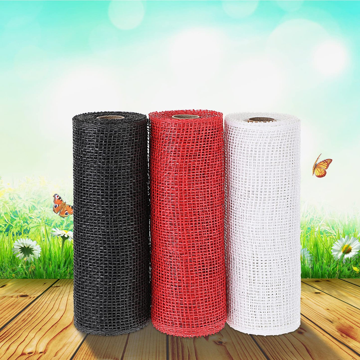 Chuangdi 3 Rolls Poly Burlap Deco Mesh 10 Inch Black White Red Deco Poly Decorative Mesh Ribbon Wrapping Ribbon Rolls for Home Door Wreath Decoration DIY Crafts Making