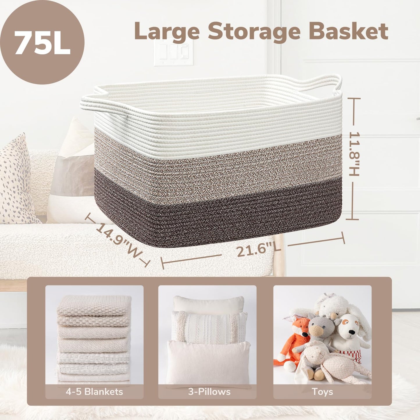 Goodpick Large Woven Storage Basket, 21.6"x14.9"x11.8", Blanket Storage for Bedroom and Living Room, Rectangle Rope Baskets for Storage, White Brown