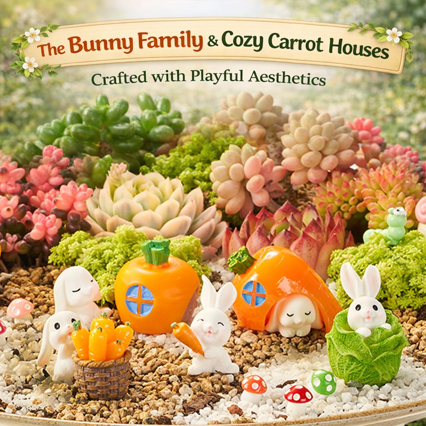 Nashibowu 24Pcs Mini Rabbits Fairy Garden Accessories DIY Kit, Miniature Garden Set with Mini Resin Animals, Tiny Bunnies, Squirrels, Mushroom Figurines, for Terrarium Micro-Landscaping Decorations