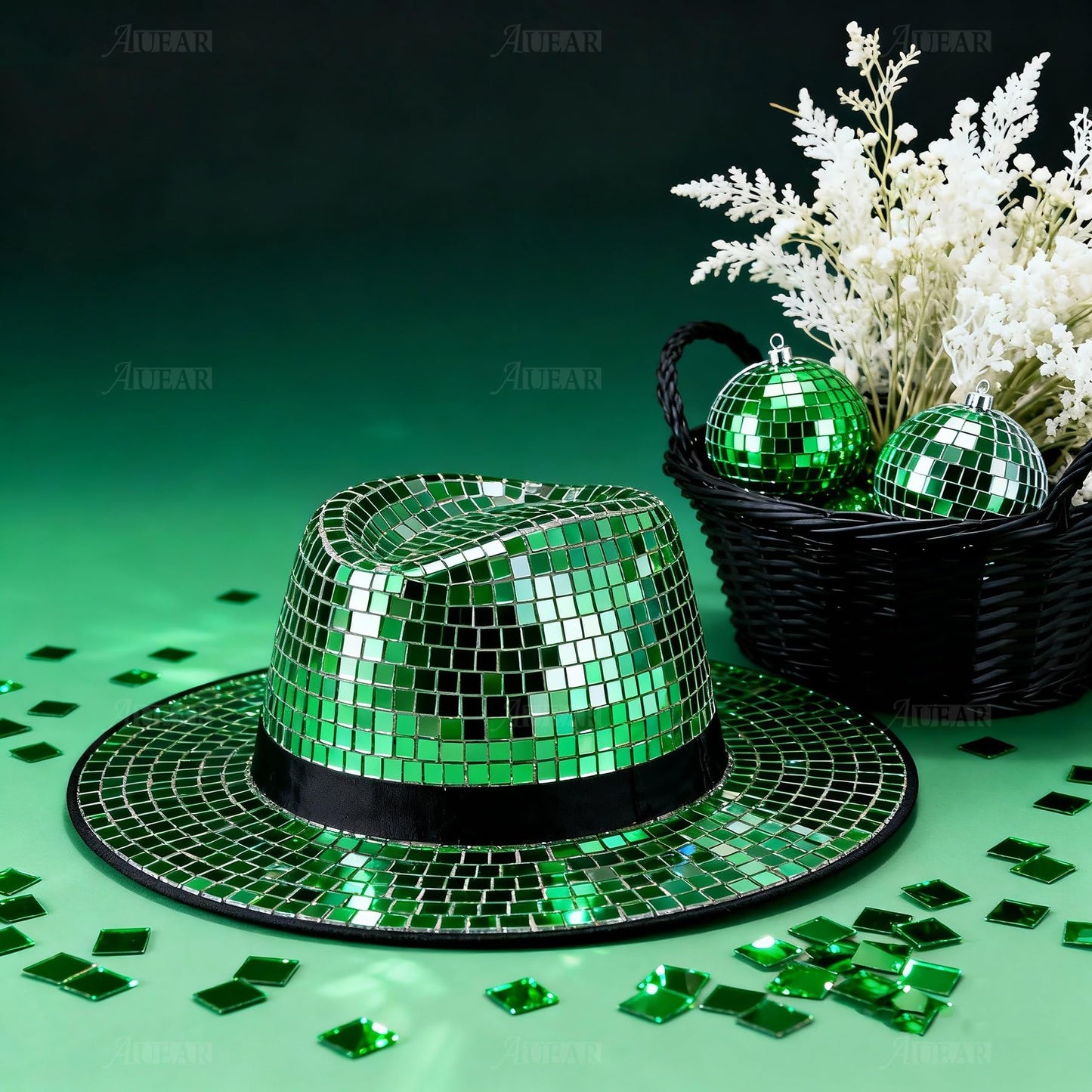 AUEAR, 18 Pack Self Adhesive Glass Mirror Mosaic Wall Tiles Sheet Sticker Disco Ball for DIY Craft Green
